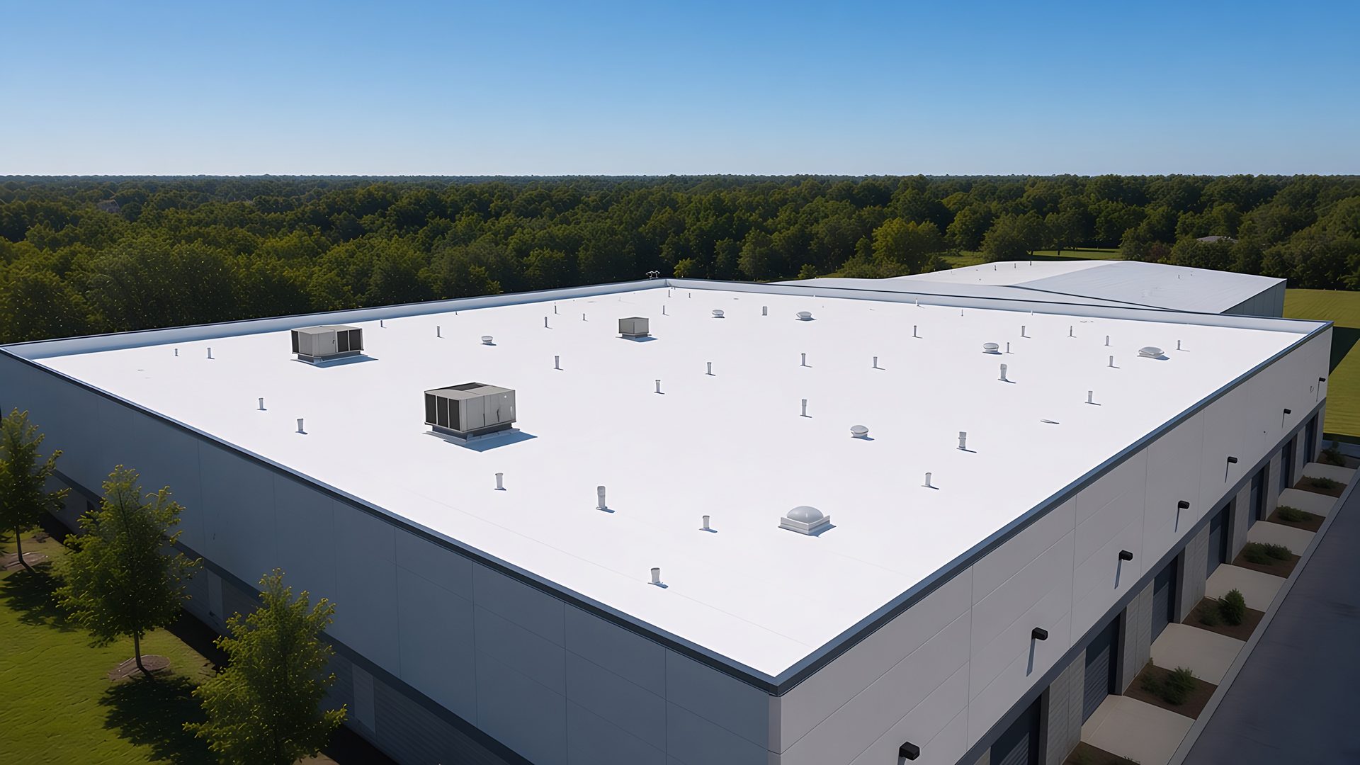 Aerial view of a large commercial building with a clean white roof (illustrative image)