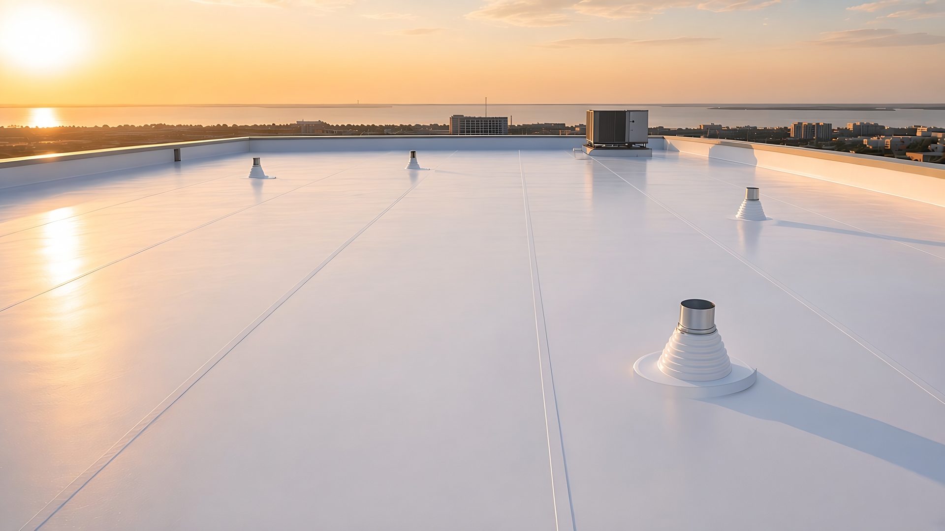 Sunrise over a white commercial roof (illustrative image)