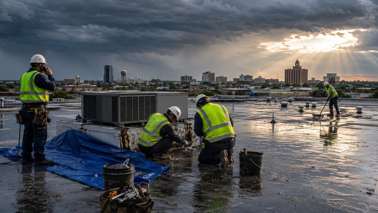 Crew placing temporary protection on a wet roof after a storm (illustrative image)