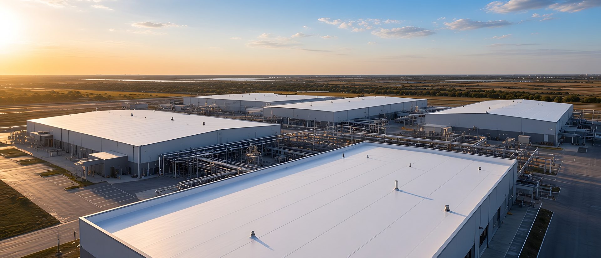 Industrial facility with clean white roofs (illustrative image)
