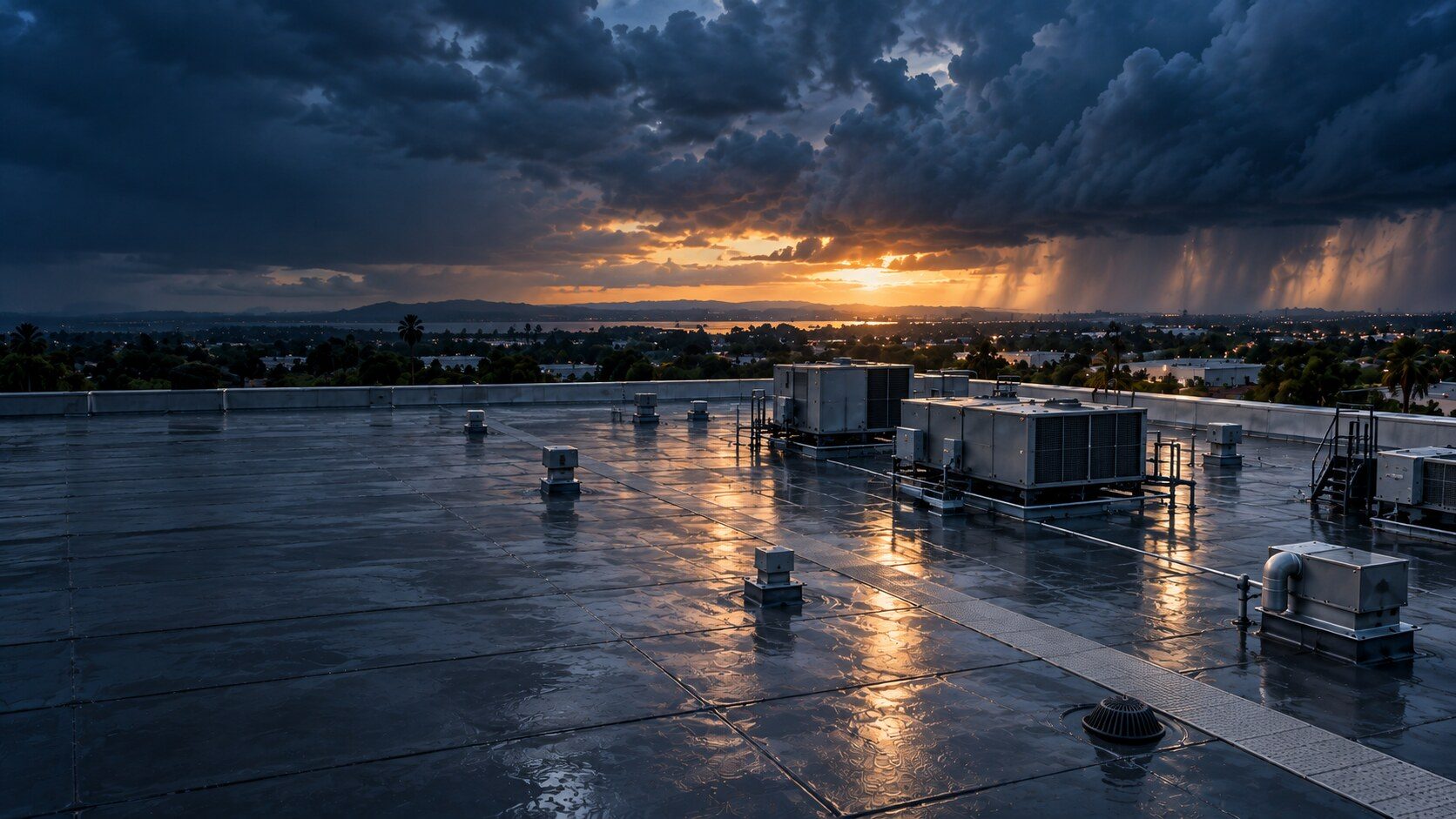 Commercial rooftop after a storm at dusk (illustrative image)